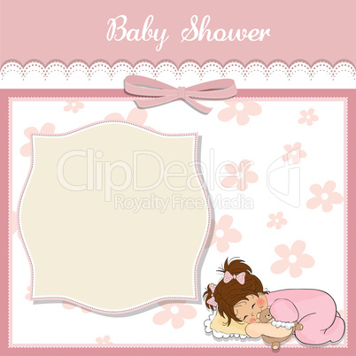 baby shower card with little baby girl play with her teddy bear