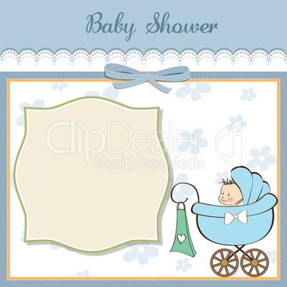 baby boy announcement card with baby and pram