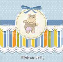 childish baby girl announcement card with hippo toy