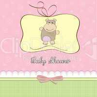 childish baby girl announcement card with hippo toy