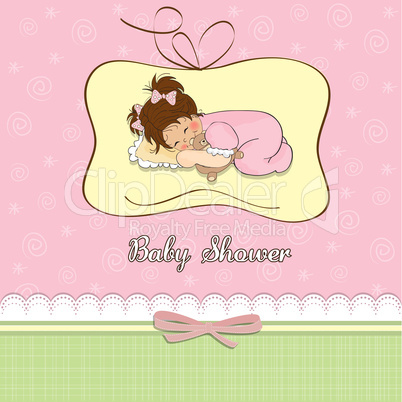 baby shower card with little baby girl play with her teddy bear