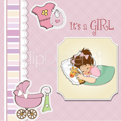 baby shower card with little girl and her toy