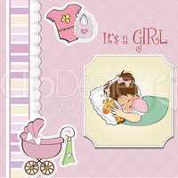 baby shower card with little girl and her toy