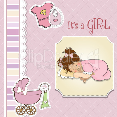 baby shower card with little baby girl play with her teddy bear