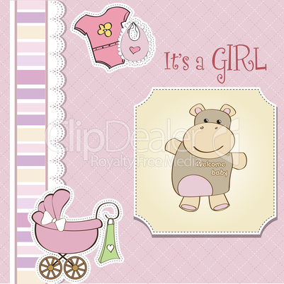 childish baby girl announcement card with hippo toy