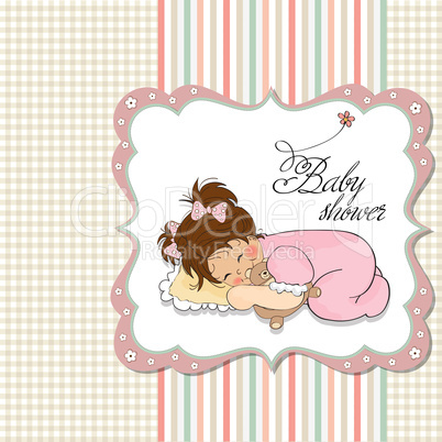 baby shower card with little baby girl play with her teddy bear