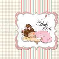 baby shower card with little baby girl play with her teddy bear