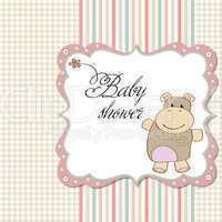 childish baby girl announcement card with hippo toy