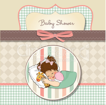 baby shower card with little girl and her toy