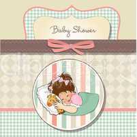 baby shower card with little girl and her toy