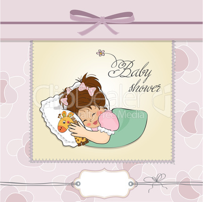 baby shower card with little girl and her toy