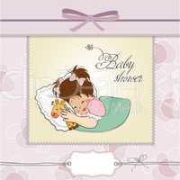 baby shower card with little girl and her toy