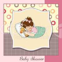 baby shower card with little girl and her toy