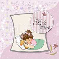 baby shower card with little girl and her toy