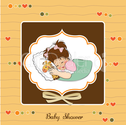 baby shower card with little girl and her toy