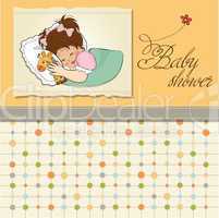 baby shower card with little girl and her toy