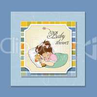 baby shower card with little girl and her toy