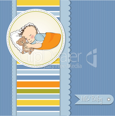 baby shower card with little baby boy sleep with his teddy bear