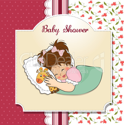 baby shower card with little girl and her toy