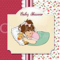 baby shower card with little girl and her toy