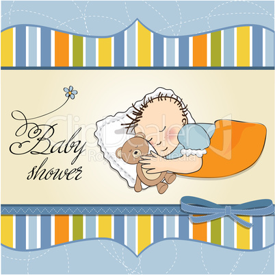 baby shower card with little baby boy sleep with his teddy bear