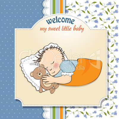 baby shower card with little baby boy sleep with his teddy bear