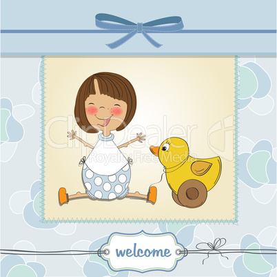 welcome baby card with girl and and her duck