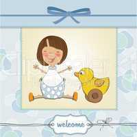 welcome baby card with girl and and her duck