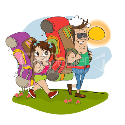 father and daughter tourist traveling with backpacks