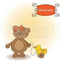 welcome baby card with girl teddy bear and her duck
