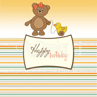 welcome baby card with girl teddy bear and her duck