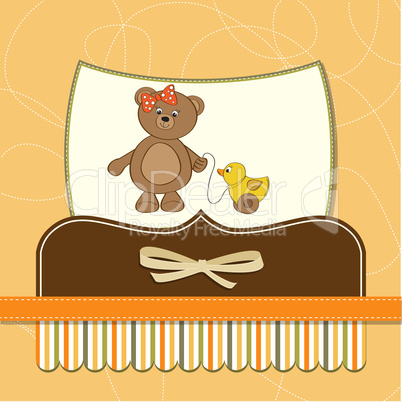 welcome baby card with girl teddy bear and her duck