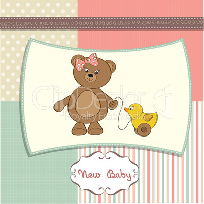 welcome baby card with girl teddy bear and her duck