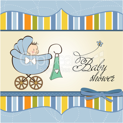 baby boy announcement card with baby and pram