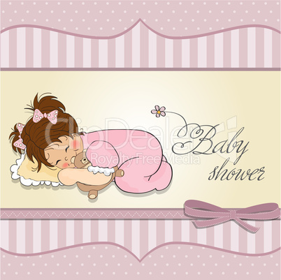 baby shower card with little baby girl play with her teddy bear