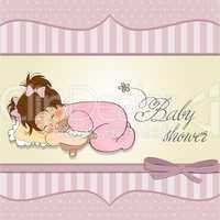 baby shower card with little baby girl play with her teddy bear