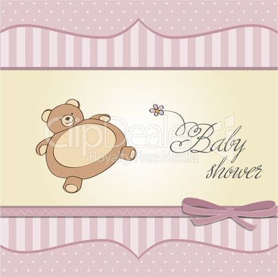 romantic baby girl announcement card with teddy bear