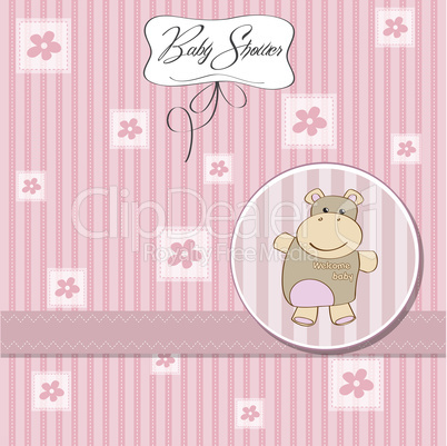 childish baby girl announcement card with hippo toy