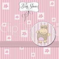 childish baby girl announcement card with hippo toy