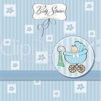 baby boy announcement card with baby and pram