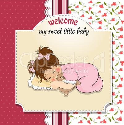 baby shower card with little baby girl play with her teddy bear