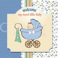 baby boy announcement card with baby and pram