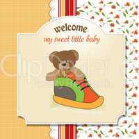 shower card with teddy bear hidden in a shoe