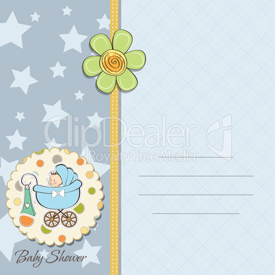 baby boy announcement card with baby and pram