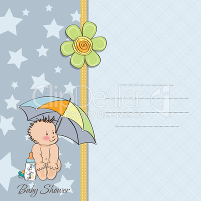 baby boy shower card with funny baby under his umbrella