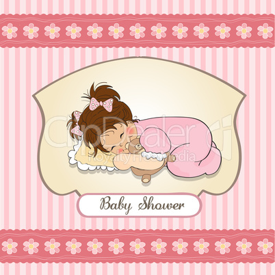 baby shower card with little baby girl play with her teddy bear