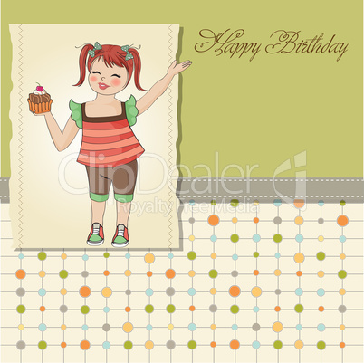 birthday greeting card with girl and big cupcake