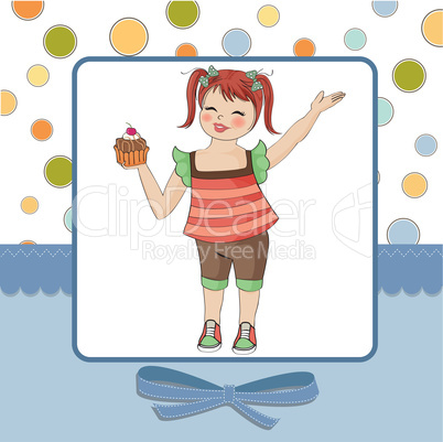 birthday greeting card with girl and big cupcake