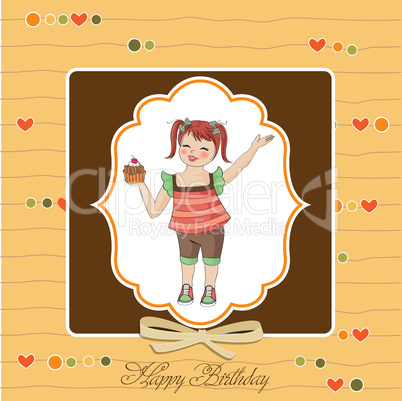 birthday greeting card with girl and big cupcake