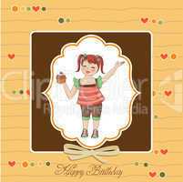 birthday greeting card with girl and big cupcake